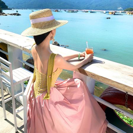 FA51785# 拼接撞色复古挂脖吊带连衣裙 服裝批發女裝批發服飾貨源