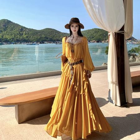 FA51786# 重工雪纺长袖度假连衣裙女荷叶边设计长裙 服裝批發女裝批發服飾貨源