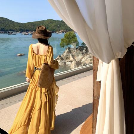 FA51786# 重工雪纺长袖度假连衣裙女荷叶边设计长裙 服裝批發女裝批發服飾貨源