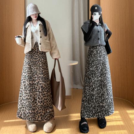 FA51788# 复古豹纹加厚半身裙女冬季高腰显瘦开叉时尚气质毛呢直筒长裙 服裝批發女裝批發服飾貨源