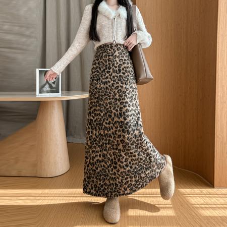 FA51788# 复古豹纹加厚半身裙女冬季高腰显瘦开叉时尚气质毛呢直筒长裙 服裝批發女裝批發服飾貨源