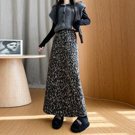 FA51788# 复古豹纹加厚半身裙女冬季高腰显瘦开叉时尚气质毛呢直筒长裙 服裝批發女裝批發服飾貨源
