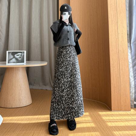 FA51788# 复古豹纹加厚半身裙女冬季高腰显瘦开叉时尚气质毛呢直筒长裙 服裝批發女裝批發服飾貨源