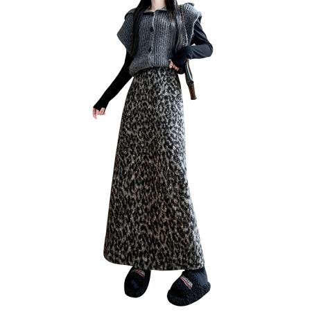 FA51788# 复古豹纹加厚半身裙女冬季高腰显瘦开叉时尚气质毛呢直筒长裙 服裝批發女裝批發服飾貨源