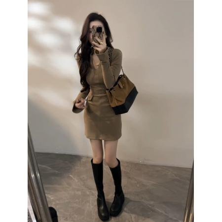 FA51790# 加绒加厚新款V领假口袋短裙设计感时髦显瘦秋冬女装连衣裙 服裝批發女裝批發服飾貨源