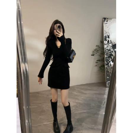 FA51790# 加绒加厚新款V领假口袋短裙设计感时髦显瘦秋冬女装连衣裙 服裝批發女裝批發服飾貨源