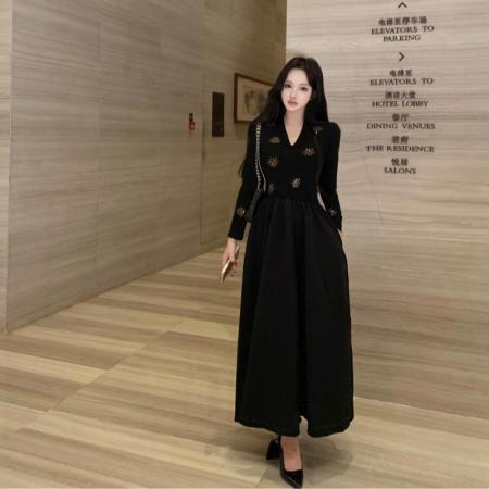 FA51792# 法式新款烫钻太阳花长袖时尚显瘦气质连衣裙过膝内搭裙 服裝批發女裝批發服飾貨源