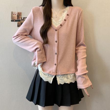 FA51793# 大码粉色针织衫女蕾丝拼接打底衫秋冬新款长袖V领上衣 服裝批發女裝批發服飾貨源