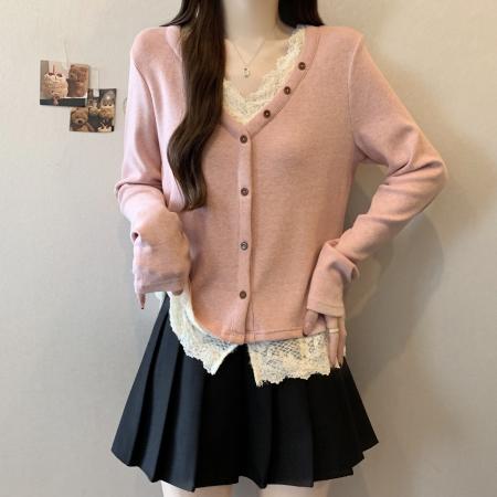 FA51793# 大码粉色针织衫女蕾丝拼接打底衫秋冬新款长袖V领上衣 服裝批發女裝批發服飾貨源