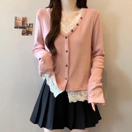 FA51793# 大码粉色针织衫女蕾丝拼接打底衫秋冬新款长袖V领上衣 服裝批發女裝批發服飾貨源