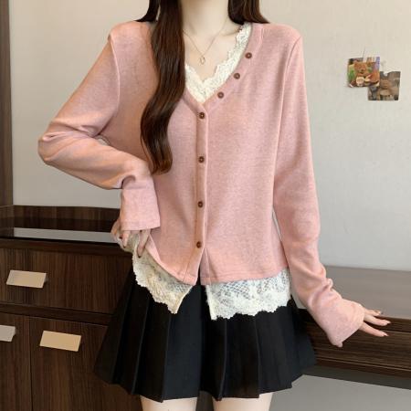 FA51793# 大码粉色针织衫女蕾丝拼接打底衫秋冬新款长袖V领上衣 服裝批發女裝批發服飾貨源
