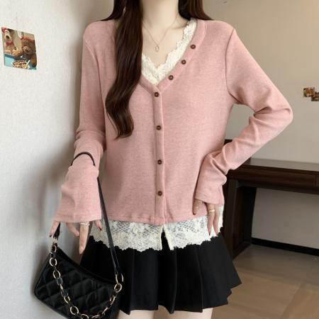 FA51793# 大码粉色针织衫女蕾丝拼接打底衫秋冬新款长袖V领上衣 服裝批發女裝批發服飾貨源