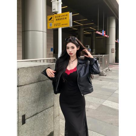 FA51794# 翻领印爱心复古机车黑色短款铆钉皮衣外套 服裝批發女裝批發服飾貨源