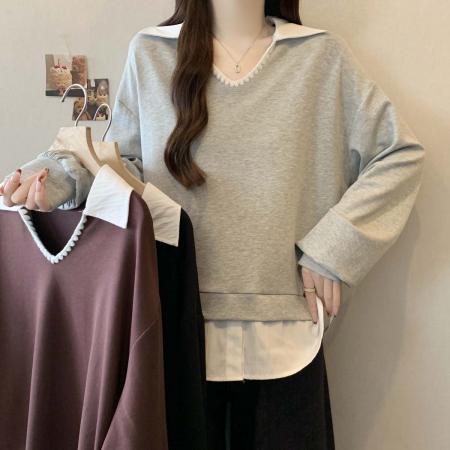 FA51795# 春秋新款假两件翻领百搭衬衫卫衣女大码宽松显瘦休闲上衣 服裝批發女裝批發服飾貨源