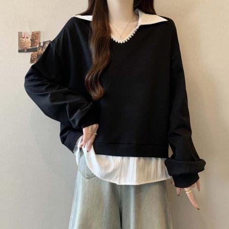 FA51795# 春秋新款假两件翻领百搭衬衫卫衣女大码宽松显瘦休闲上衣 服裝批發女裝批發服飾貨源