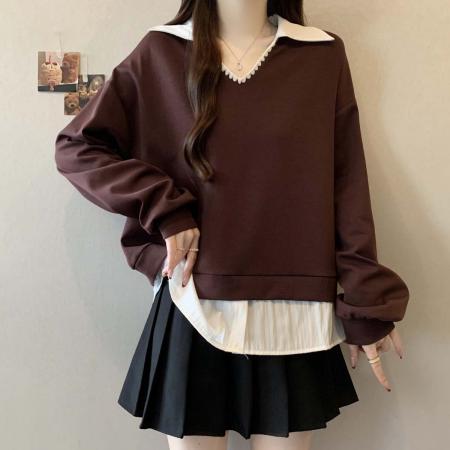 FA51795# 春秋新款假两件翻领百搭衬衫卫衣女大码宽松显瘦休闲上衣 服裝批發女裝批發服飾貨源