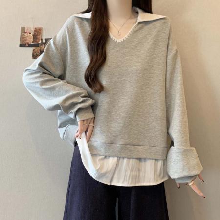 FA51795# 春秋新款假两件翻领百搭衬衫卫衣女大码宽松显瘦休闲上衣 服裝批發女裝批發服飾貨源