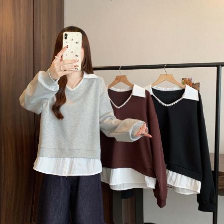 FA51795# 春秋新款假两件翻领百搭衬衫卫衣女大码宽松显瘦休闲上衣 服裝批發女裝批發服飾貨源