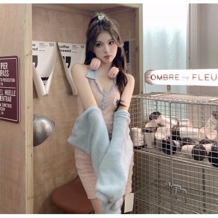 FA51796# 冬季辣妹套装两件套女蓝色针织挂脖吊带连衣裙小披肩外套 服裝批發女裝批發服飾貨源