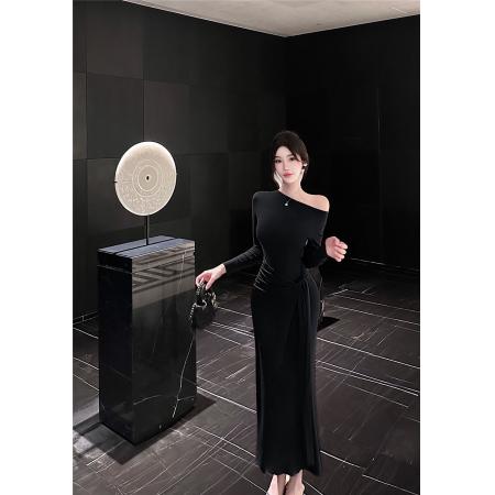 FA51798# 性感辣妹风斜领露肩修身连衣裙高级感绑带收腰气质长裙子 服裝批發女裝批發服飾貨源