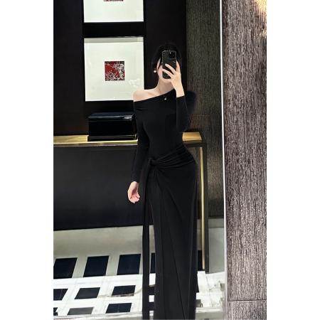 FA51798# 性感辣妹风斜领露肩修身连衣裙高级感绑带收腰气质长裙子 服裝批發女裝批發服飾貨源