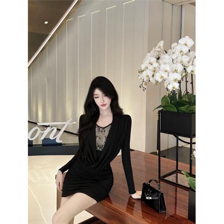 FA51799# 垂坠荡领直角蕾丝假两件长袖连衣裙气质收腰捏褶包臀短裙子 服裝批發女裝批發服飾貨源