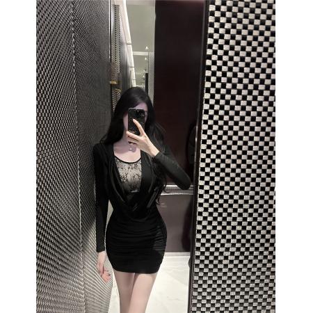 FA51799# 垂坠荡领直角蕾丝假两件长袖连衣裙气质收腰捏褶包臀短裙子 服裝批發女裝批發服飾貨源