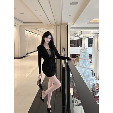 FA51799# 垂坠荡领直角蕾丝假两件长袖连衣裙气质收腰捏褶包臀短裙子 服裝批發女裝批發服飾貨源