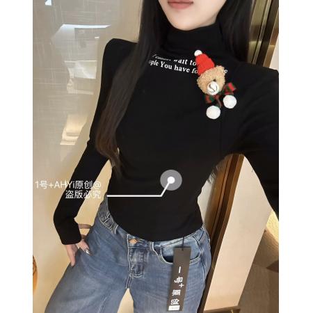 FA51800# 圣诞元旦节庆款立体小熊韩版纯欲显瘦半高领磨毛修身长袖T恤女 服裝批發女裝批發服飾貨源