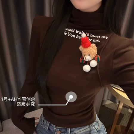 FA51800# 圣诞元旦节庆款立体小熊韩版纯欲显瘦半高领磨毛修身长袖T恤女 服裝批發女裝批發服飾貨源