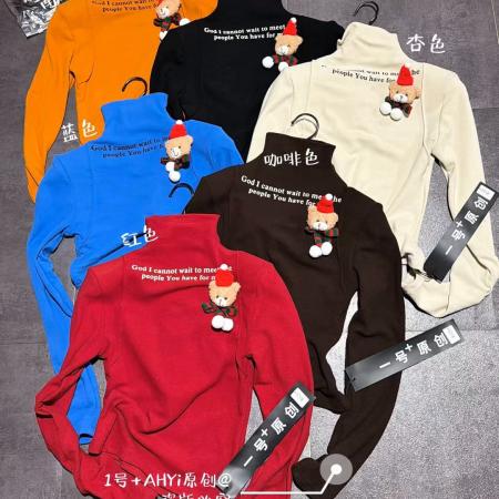 FA51800# 圣诞元旦节庆款立体小熊韩版纯欲显瘦半高领磨毛修身长袖T恤女 服裝批發女裝批發服飾貨源