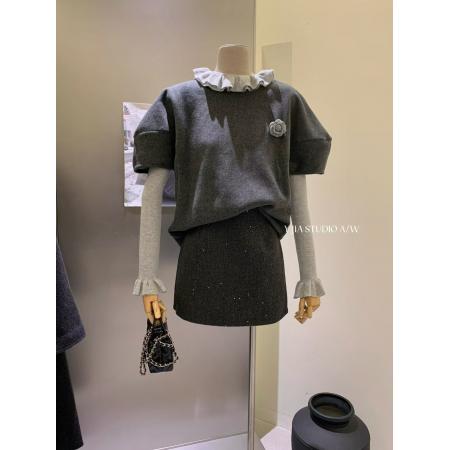 FA51802# 巨好看的秋季一整套独特小香风马甲+木耳边毛衫+半身裙三件套 服裝批發女裝批發服飾貨源