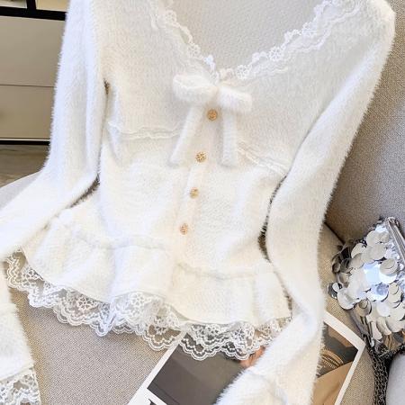FA51803# 纯欲v领蕾丝花边打底衫冬季修身内搭蝴蝶结针织上衣圣诞节针织衫 服裝批發女裝批發服飾貨源