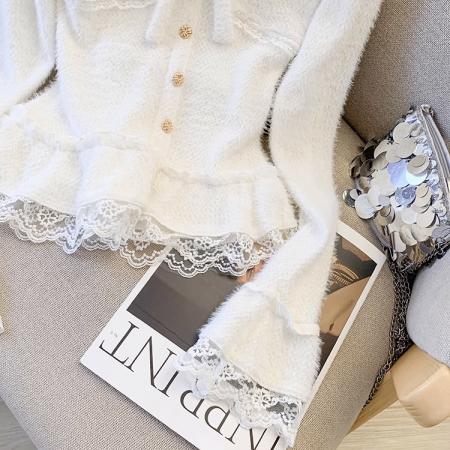 FA51803# 纯欲v领蕾丝花边打底衫冬季修身内搭蝴蝶结针织上衣圣诞节针织衫 服裝批發女裝批發服飾貨源