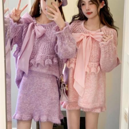 FA51804# 秋冬新款甜美软糯一字肩镂空蝴蝶结毛衣高腰半身裙套装 服裝批發女裝批發服飾貨源