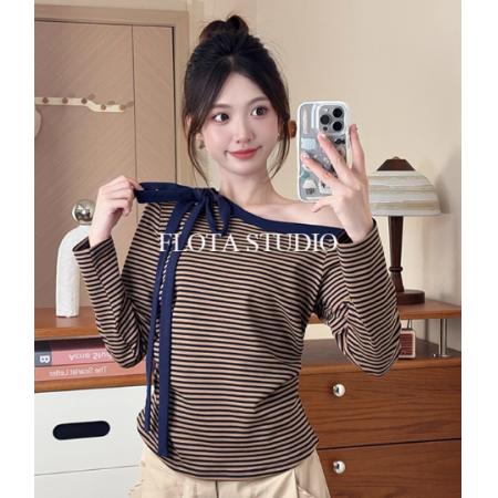 LN76398#  港风棕咖条纹撞色长袖T恤女右露肩蝴蝶结绑带收腰上衣