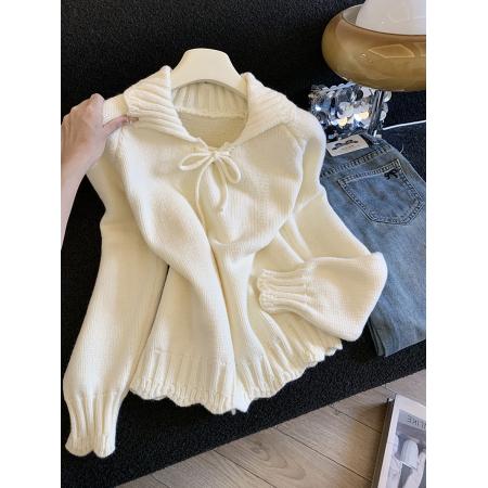 LN76399#秋冬新款翻领厚款针织慵懒风时尚短款纯色系带毛针织衫