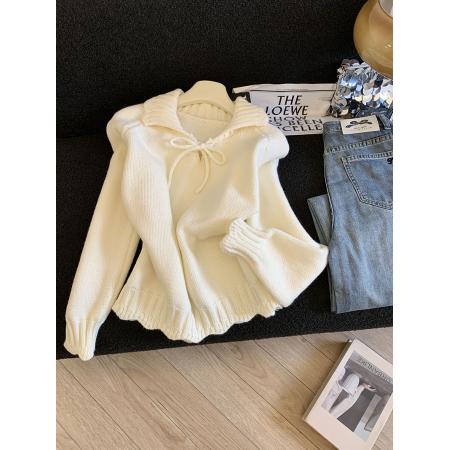 LN76399#秋冬新款翻领厚款针织慵懒风时尚短款纯色系带毛针织衫