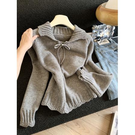 LN76399#秋冬新款翻领厚款针织慵懒风时尚短款纯色系带毛针织衫