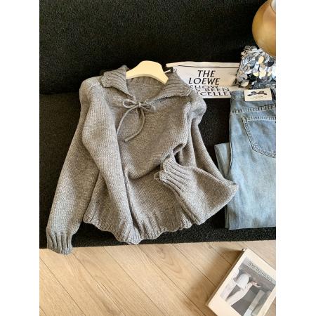 LN76399#秋冬新款翻领厚款针织慵懒风时尚短款纯色系带毛针织衫