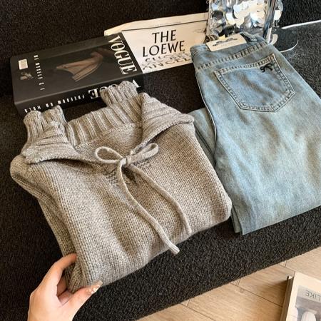 LN76399#秋冬新款翻领厚款针织慵懒风时尚短款纯色系带毛针织衫