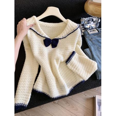 LN76400#海军领针织衫女秋冬新款蝴蝶结小众设计感长袖甜美款别致上衣