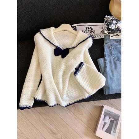 LN76400#海军领针织衫女秋冬新款蝴蝶结小众设计感长袖甜美款别致上衣