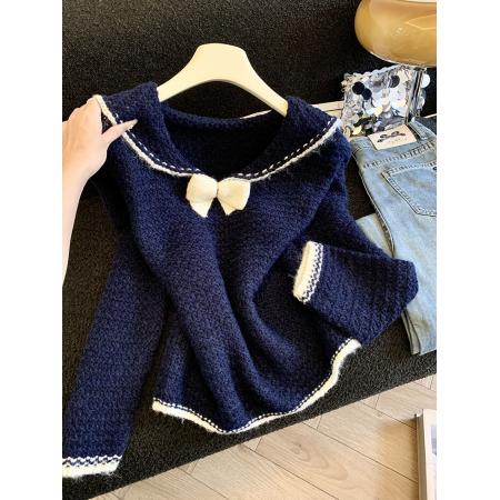 LN76400#海军领针织衫女秋冬新款蝴蝶结小众设计感长袖甜美款别致上衣