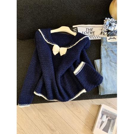 LN76400#海军领针织衫女秋冬新款蝴蝶结小众设计感长袖甜美款别致上衣