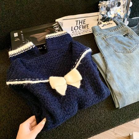 LN76400#海军领针织衫女秋冬新款蝴蝶结小众设计感长袖甜美款别致上衣