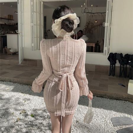 FA51806# 秋冬新款法式复古气质显瘦设计感连衣裙长袖V领包臀裙 服裝批發女裝批發服飾貨源