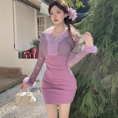 FA51807# 蕾丝拼接毛毛领法式连衣裙女御姐气质收腰长袖包臀裙 服裝批發女裝批發服飾貨源