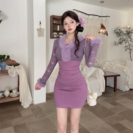 FA51807# 蕾丝拼接毛毛领法式连衣裙女御姐气质收腰长袖包臀裙 服裝批發女裝批發服飾貨源