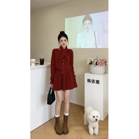 FA51808# 圣诞新年战袍红色针织毛衣套装裙子女秋冬季小个子香风高级感穿搭 服裝批發女裝批發服飾貨源